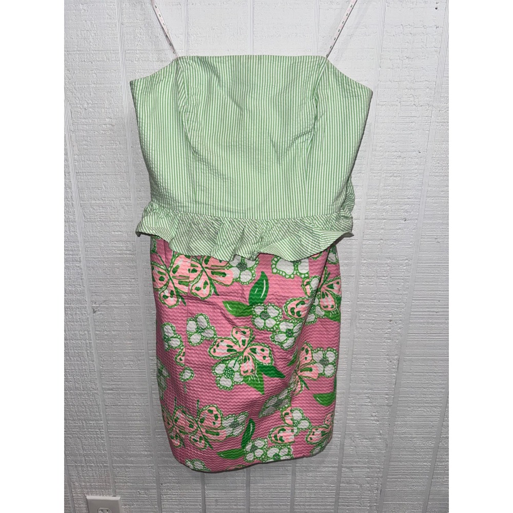 Lilly Pulitzer Strapless Peplum Dress Pink Green Floral Seersucker Size XXS/0